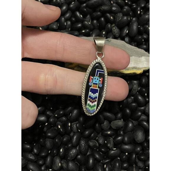 Native Sw Sterling Inlaid Galaxy Pendant Kachina Robot~Onyx Turquoise Lapis - Picture 4 of 6